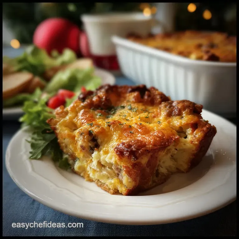 Individual strata portion, garnished with fresh herbs, elegantly plated on a white ceramic. Warm, inviting with subtle ste...