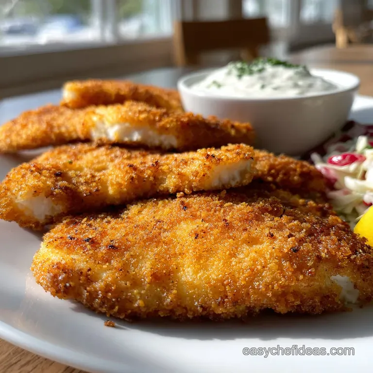 Crispy fish fillet elegantly plated with a creamy dipping sauce and a vibrant green salad, speckled with herbs.