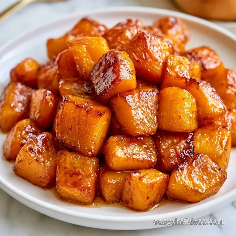 Neatly piled cubes of roasted orange squash garnished with fresh green herbs on a minimalist white ceramic plate.