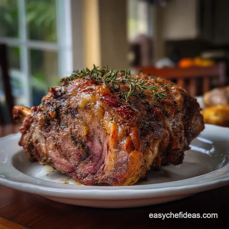 Elegant slices of prime rib, showing a vibrant pink center, artfully arranged on a white plate, alongside roasted vegetabl...