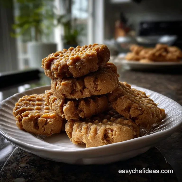 Three peanut butter cookies stacked artfully on a small white plate, a sprinkle of sea salt highlighting the rich, invitin...