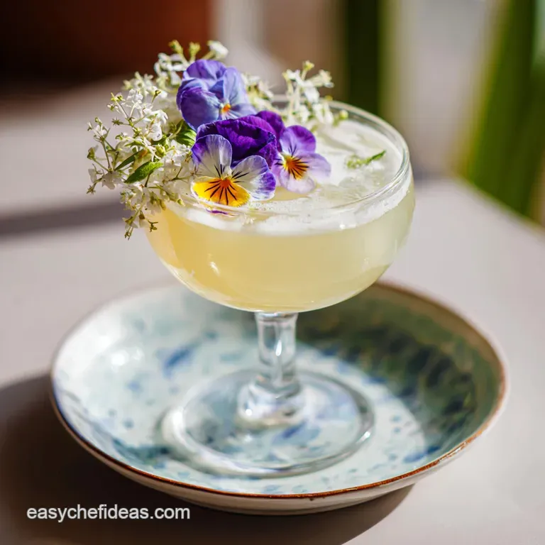 Elegant cocktail: delicate floral garnish cascades from glass, pale yellow liquid, condensation hinting at cool refreshment.