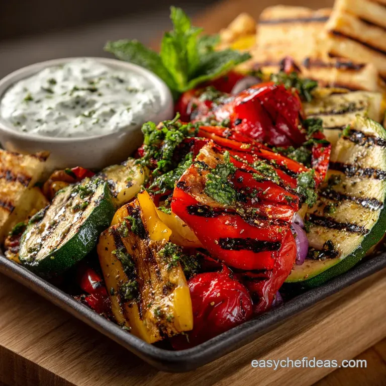 The Aegean Grilled Vegetable Platter with Cooling Lemon Mint Yogurt presentation