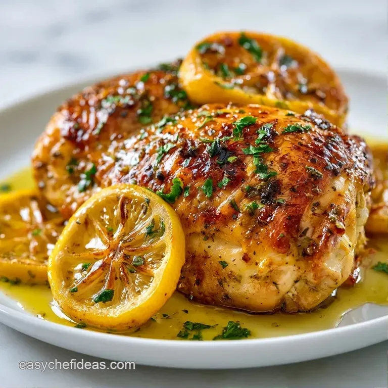 Perfectly seared chicken on a rustic ceramic plate surrounded by colorful roasted peppers and bright lemon wedges.