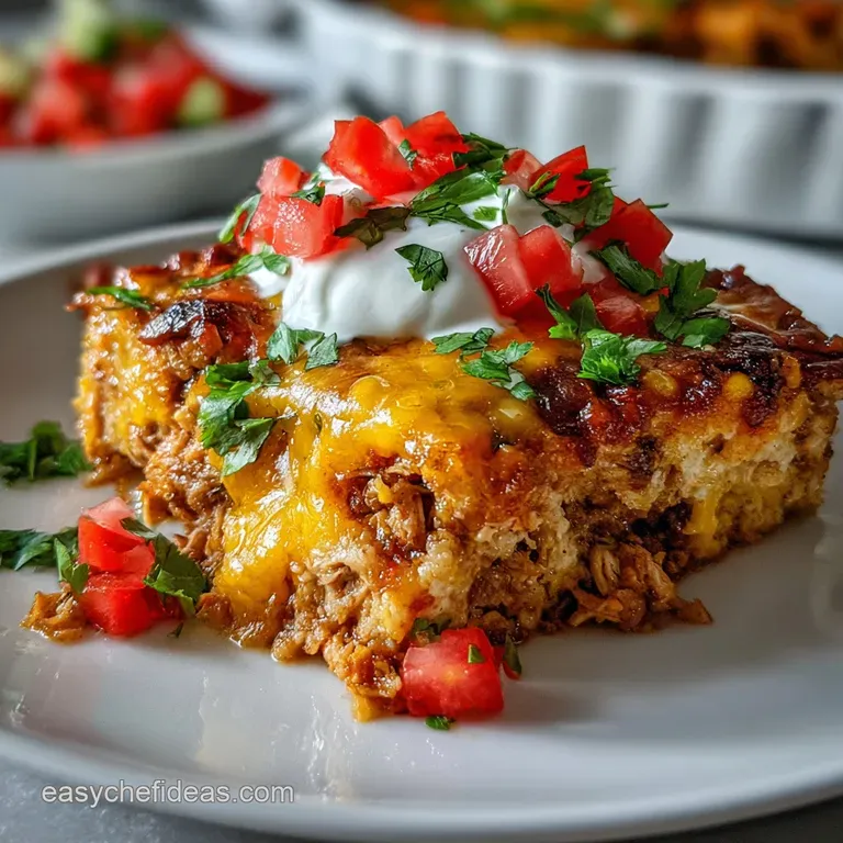 Close-up of a plated portion of Mexican chicken casserole, steam rising, showcasing layers of vibrant ingredients.