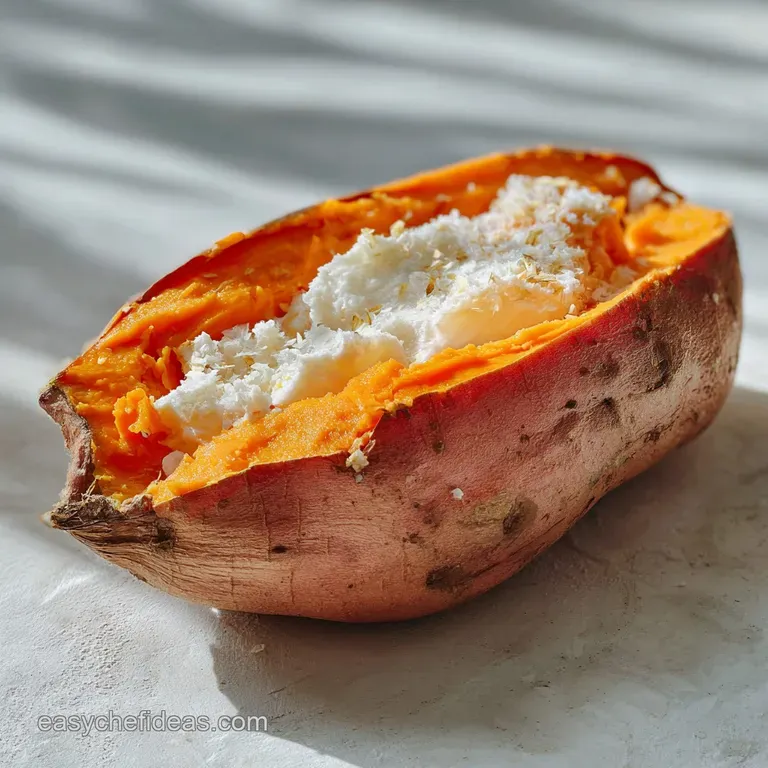 Golden sweet potato on rustic plate, topped with melting butter and chopped chives. Warm inviting colors.