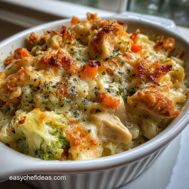 A single serving of golden chicken noodle casserole, steaming gently on a white plate. Parsley garnish adds a pop of fresh...