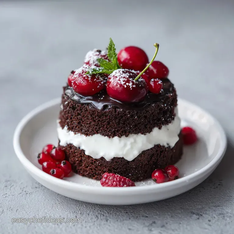 Elegant slice of Ding Dong cake on a white plate, showing creamy filling. Garnished with chocolate shavings and powdered s...