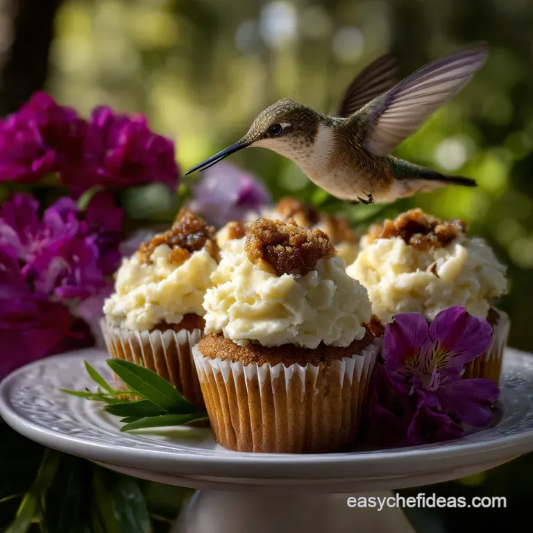 Moist, golden cupcake topped with cream cheese frosting and a candied pineapple slice, garnished with a vibrant sprinkle o...