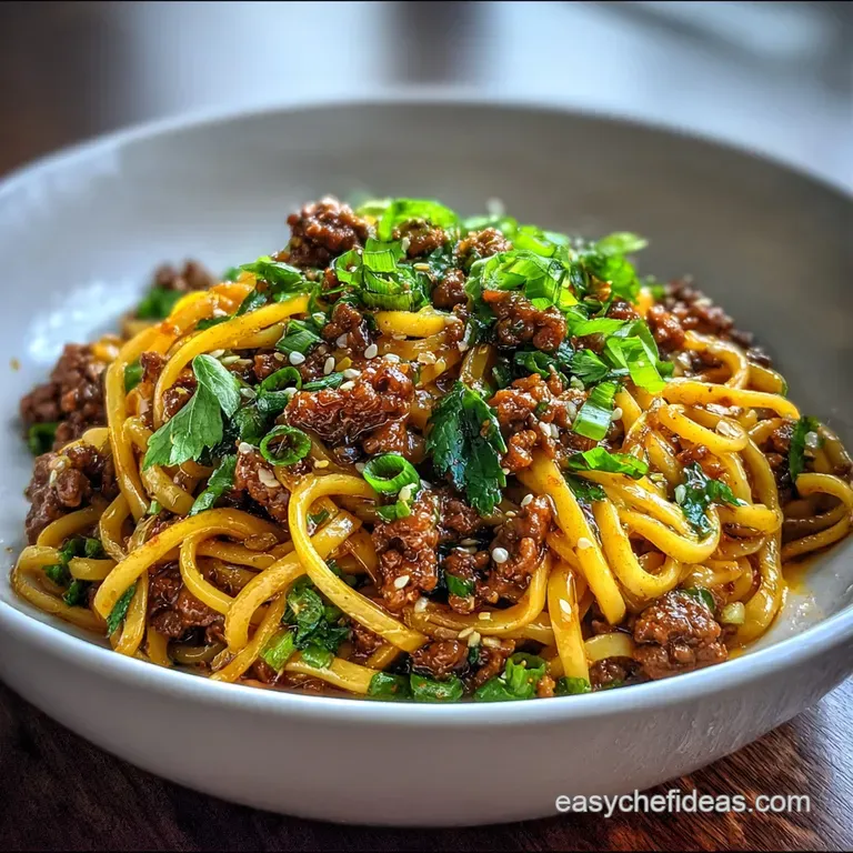 Steaming pile of savory beef noodles, artfully plated and garnished with bright green onions for a pop of color.