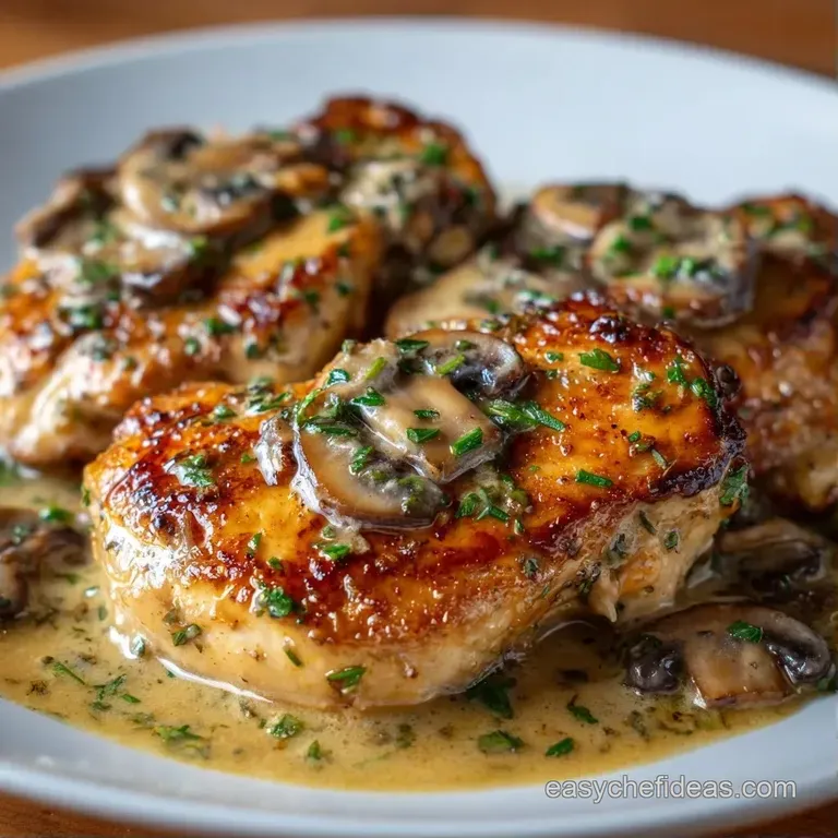 Pan-seared meat in a thick, ivory mushroom sauce served on a clean white plate with a dusting of fresh green herbs.