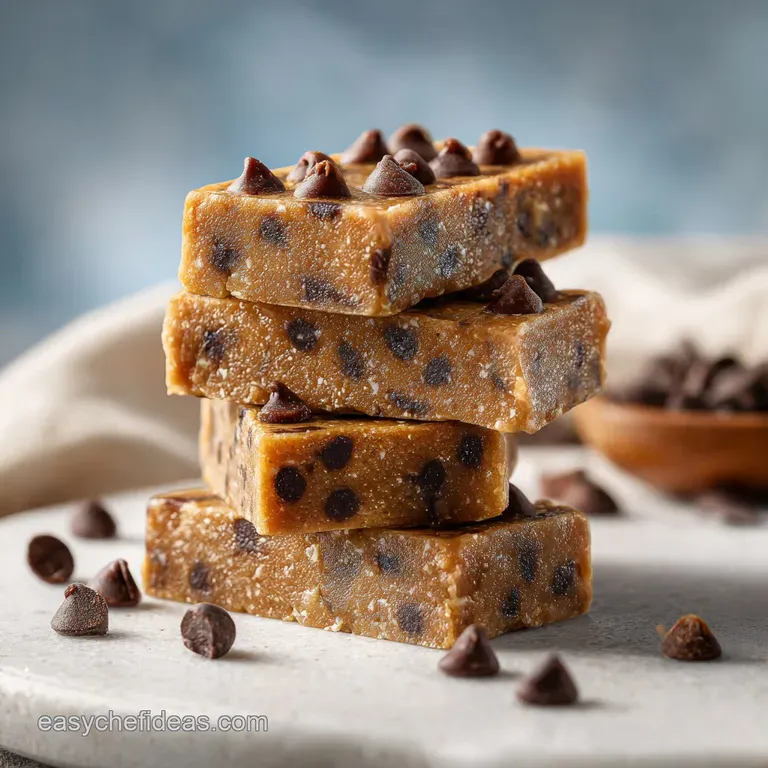 A sliced cookie dough bar revealing layers of chocolate chips and creamy dough on a white plate, sprinkled with sea salt.