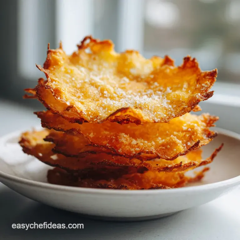 Golden-brown cheese crisps scattered across a rustic wooden surface, showcasing their bubbly texture and melted edges.