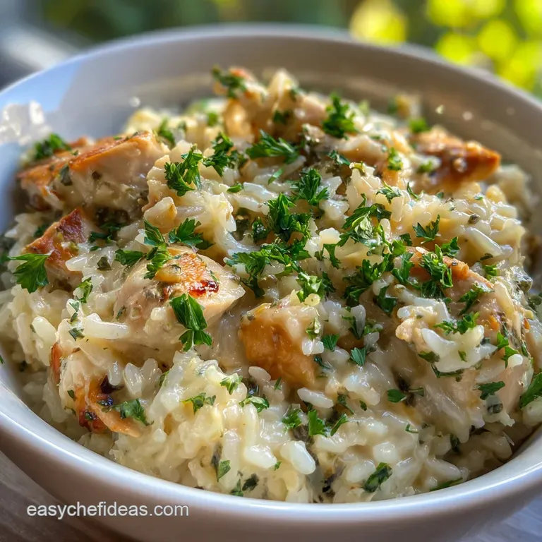Juicy baked chicken thigh plated with a generous spoonful of creamy sauce. Sprigs of fresh thyme add a pop of green.