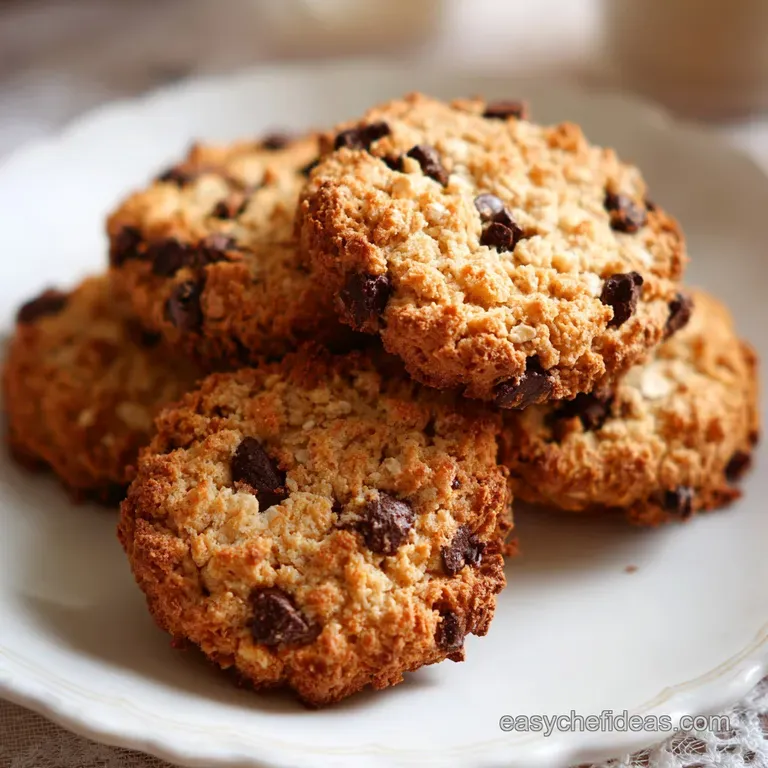 Three textured beige round treats neatly stacked on a white ceramic plate beside a few dark chocolate chips.