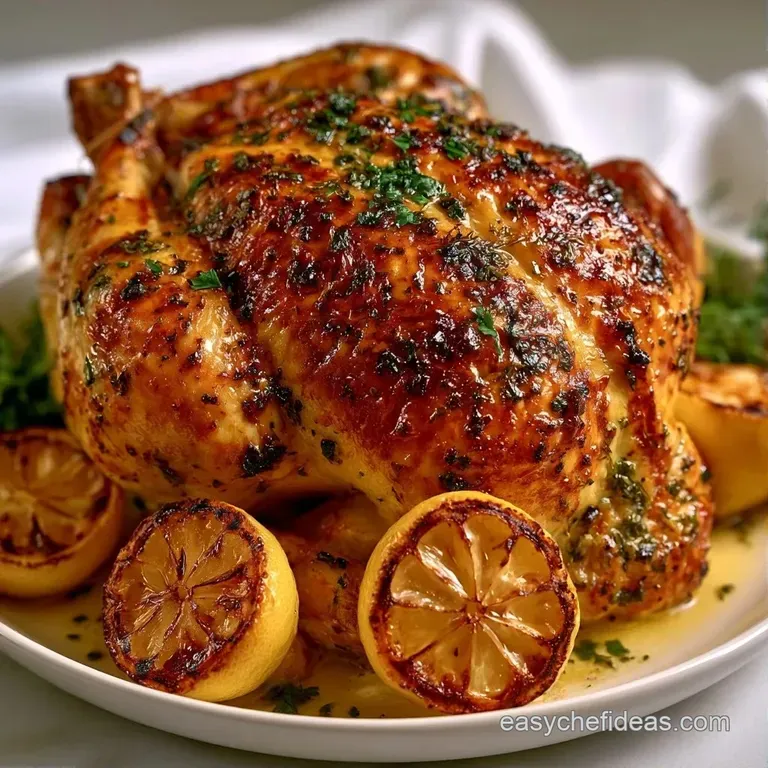 Golden roasted chicken slices served on a white plate with charred lemon halves and a sprig of fresh rosemary.