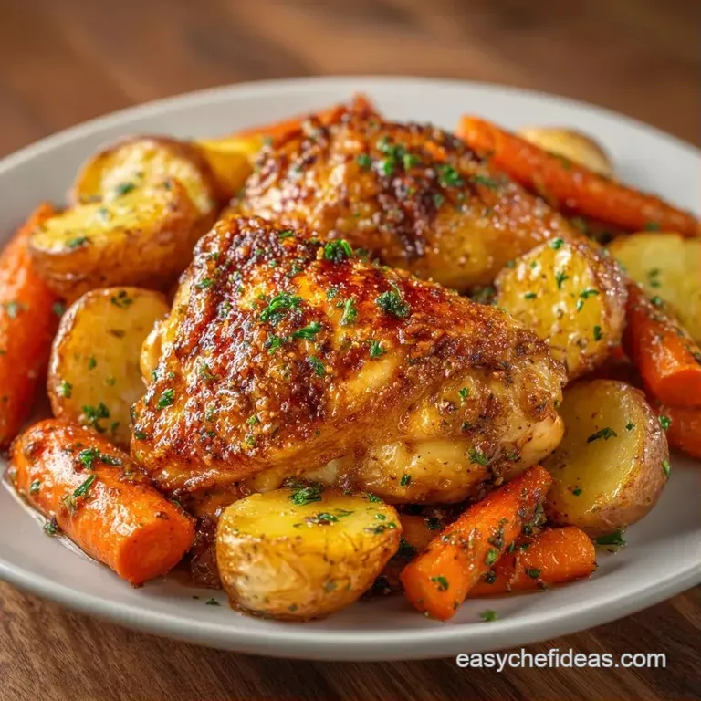 Sizzling roasted chicken and crisp golden potatoes served on a white ceramic plate with a garnish of parsley.