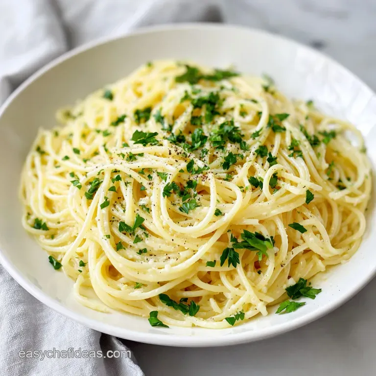 Elegant plate of twirled pasta in a rich, light sauce, garnished with vibrant parsley and a dusting of parmesan.