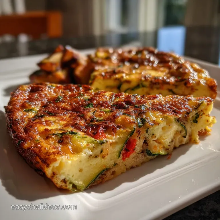 Elegant plate featuring a slice of frittata, showcasing layers of vegetables, with a slight char, beside a sprig of fresh ...
