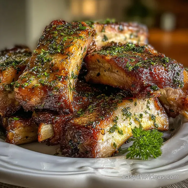 Plated oven-baked ribs: Dark, lacquered meat glistens with rendered fat, alongside bright parsley and roasted garlic cloves.