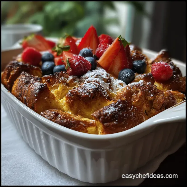 Thick slices of French toast, drizzled with praline sauce, garnished with fresh berries and a dusting of powdered sugar.