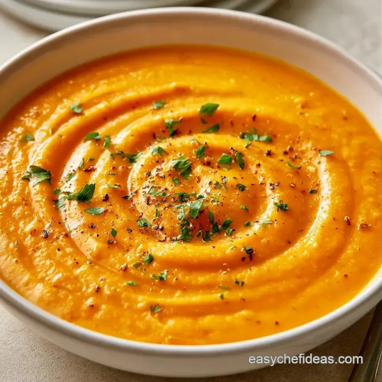 A rustic wooden table setting with a vibrant orange soup, crusty sourdough bread, and a sprig of fresh thyme.