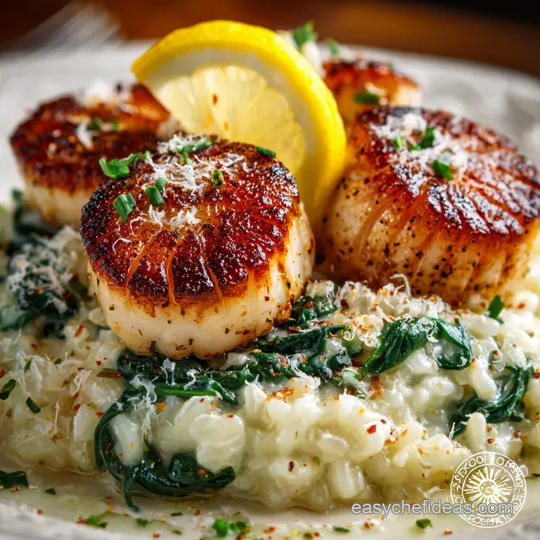 PanSeared Perfection Scallops with Creamy Lemon Risotto and Wilted Spinach