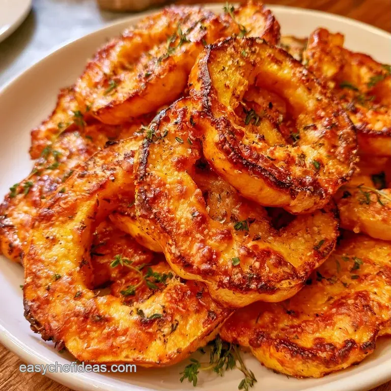 Slices of golden-brown roasted squash rings arranged on a white platter, garnished with fresh green parsley sprigs.