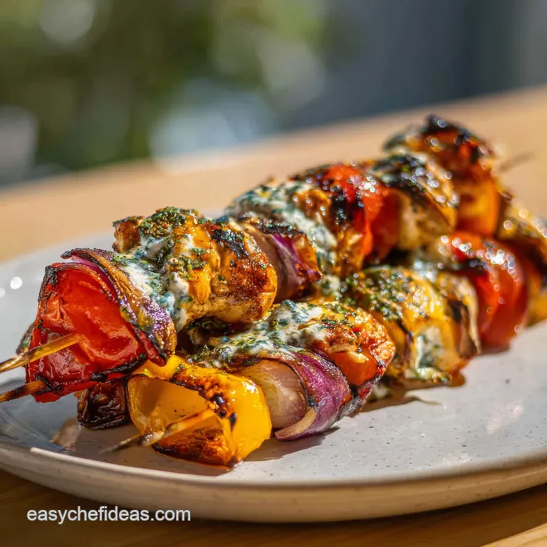 Three juicy chicken skewers elegantly plated with a vibrant green salad and lemon wedge, inviting warmth radiating from th...