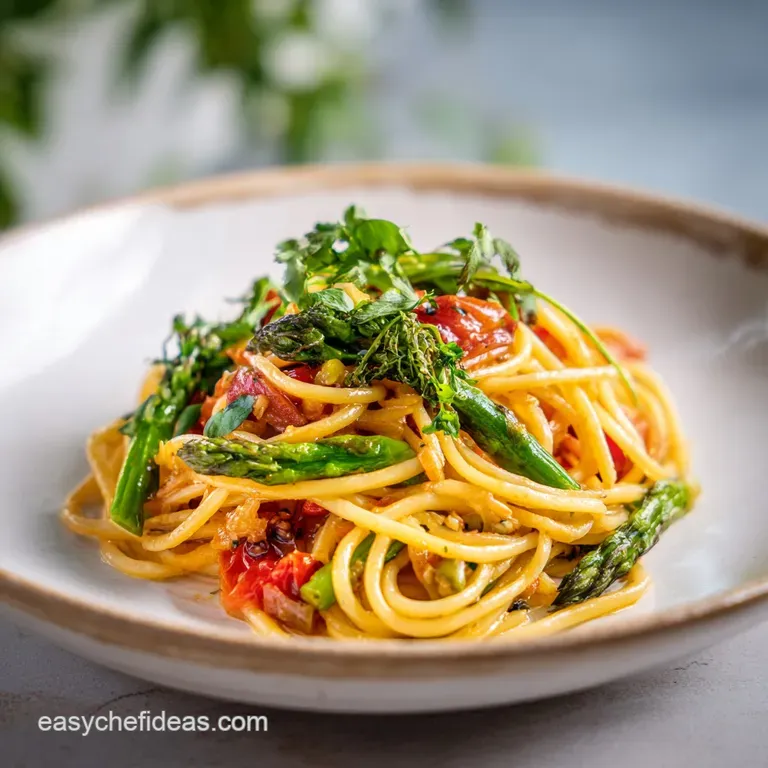 Elegant plating of pasta primavera: bright vegetables artfully arranged, glistening with light sauce, and topped with fres...
