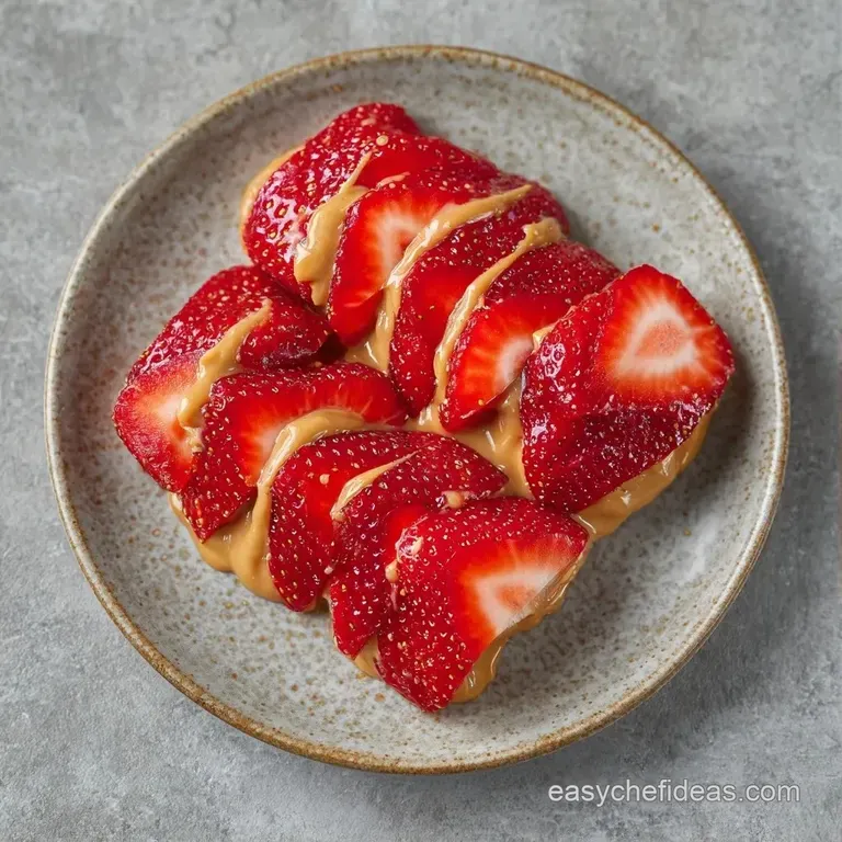 A stack of colorful swirls featuring golden nut butter and sliced red berries on a minimalist white platter.