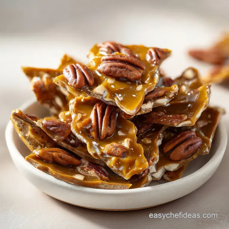 Elegant plating of shimmering pecan bark pieces, artfully arranged with a dusting of powdered sugar.
