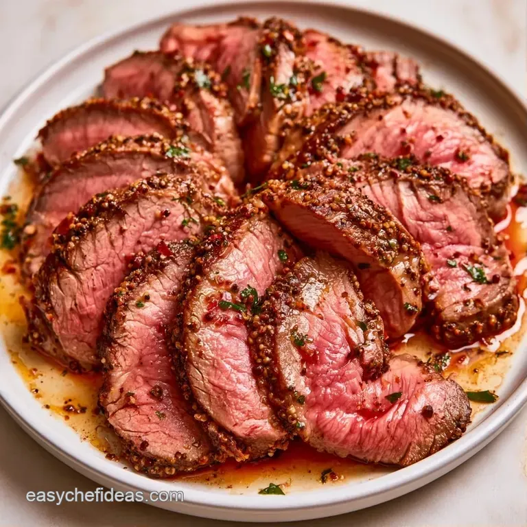 Thin slices of roasted beef arranged elegantly on a white platter with a garnish of fresh rosemary and sea salt.