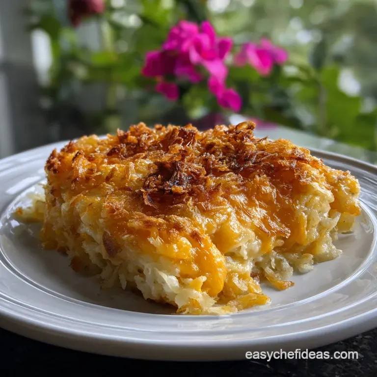 Creamy hashbrown casserole served in a rustic, white ceramic dish, garnished with fresh chives. A delightful, comforting s...