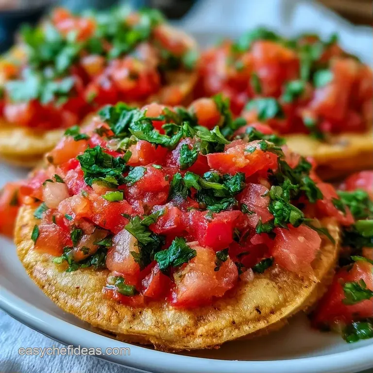 Three golden corn tortillas on a white platter, piled high with colorful diced vegetables and a sprinkle of cheese.
