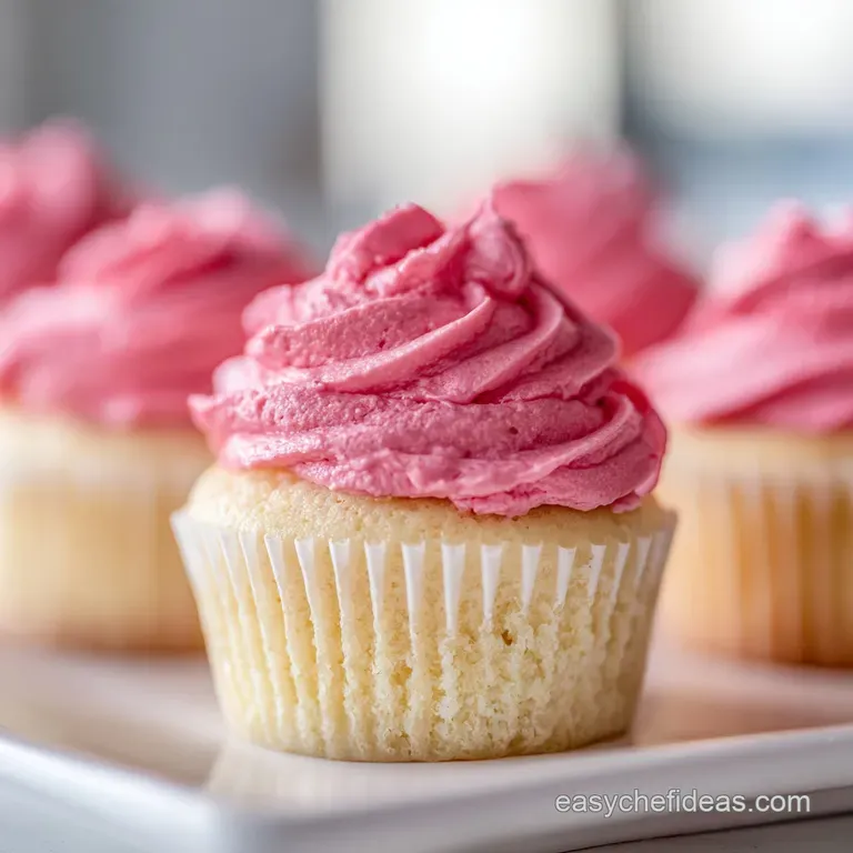 Elegant cupcake with swirls of bright pink frosting, adorned with delicate heart sprinkles on a fluted stand.