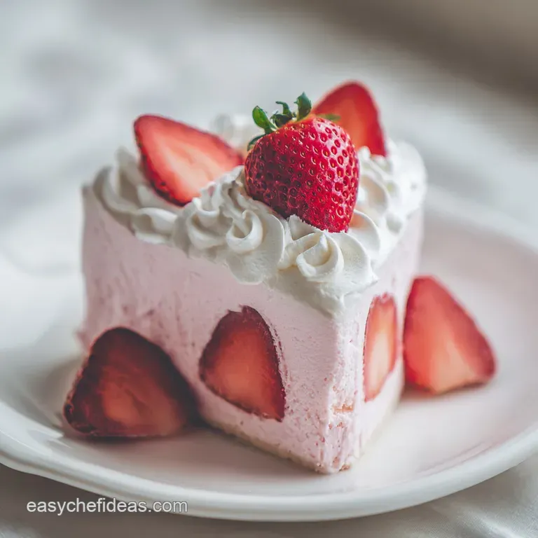 Slice of pink heart cake on a plate, strawberry frosting detail, fresh strawberry garnish. Sweet treat perfection.