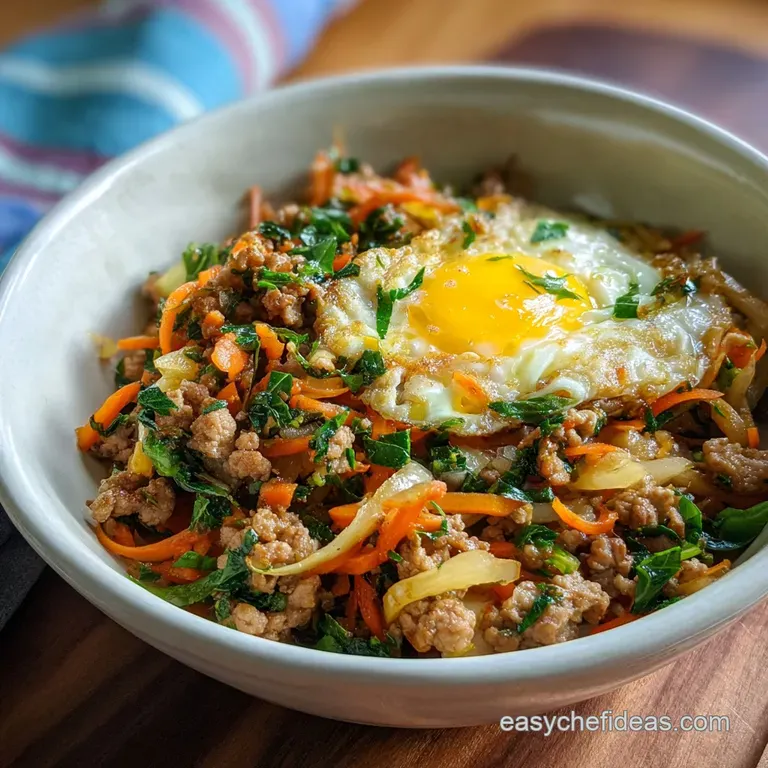 Elegant bowl filled with seasoned ground pork and crisp shredded cabbage mix, topped with scallions and sesame seeds. Stea...