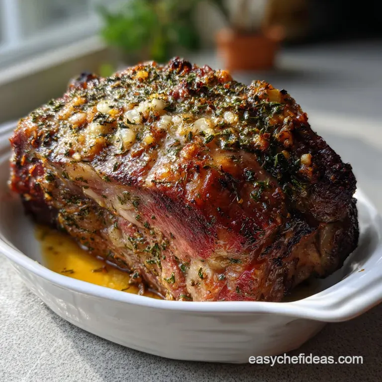 Elegant plate featuring a thick slice of prime rib, garnished with fresh rosemary sprigs, and a side of creamy, golden mas...