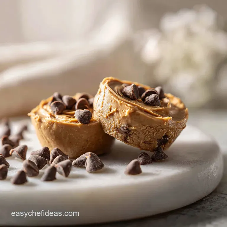 Three stacked protein balls on a white plate. Coarsely chopped peanuts and chocolate shavings add texture. Soft, matte sur...