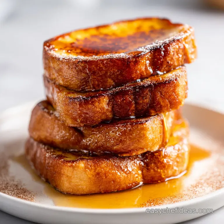Thick golden toast slices stacked on a white ceramic plate with dollops of creamy cheese and a sprig of mint.