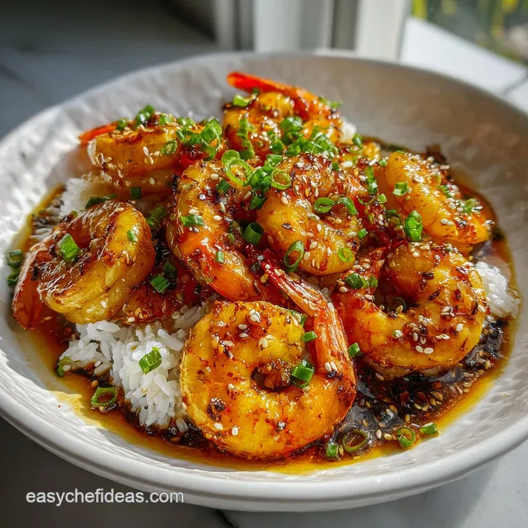 Perfectly plated honey-garlic shrimp with vibrant green scallions, glistening with sticky sauce, served on a pristine whit...