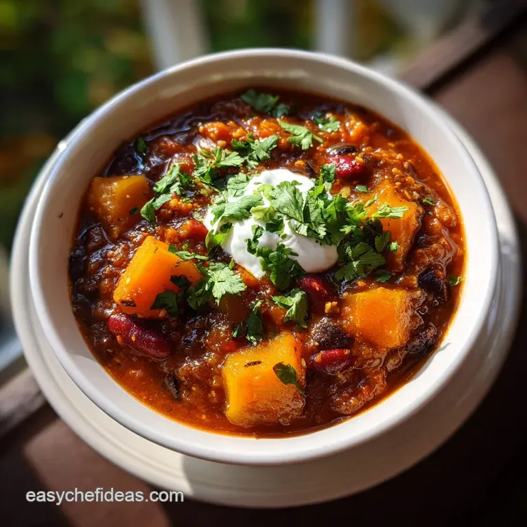 Elegantly plated pumpkin chili with a swirl of cream, toasted pumpkin seeds, and a sprig of fresh herbs, highlighting its ...