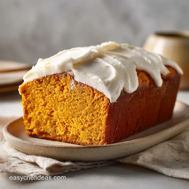 A thick slice of pumpkin swirl bread on a white plate, garnished with a dusting of powdered sugar.