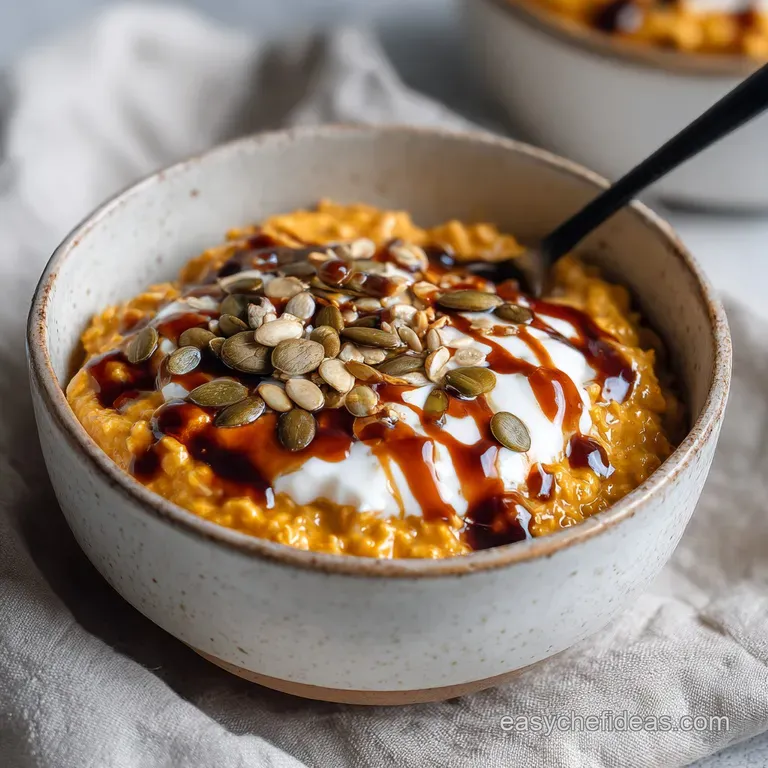 A single serving of chilled pumpkin overnight oats, neatly layered in a slender glass, topped with pecans and a drizzle of...