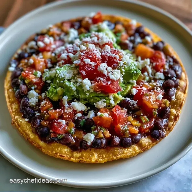 A trio of golden toasted tortillas on a slate platter topped with dark beans, crumbly cheese, and microgreens.