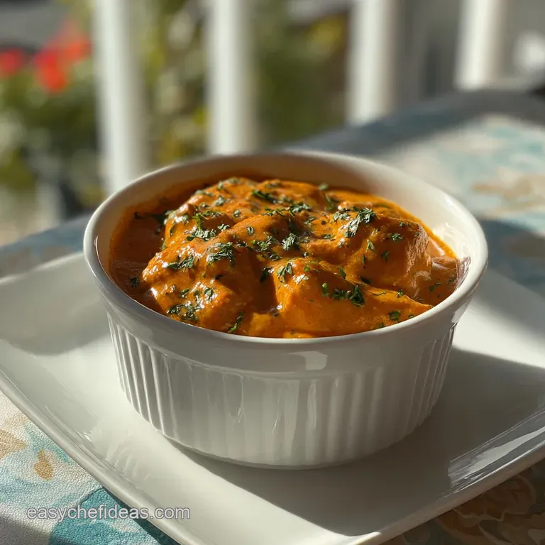 Elegant plate of butter chicken; rich, reddish-orange sauce coats tender chicken pieces, artfully garnished with swirls of...