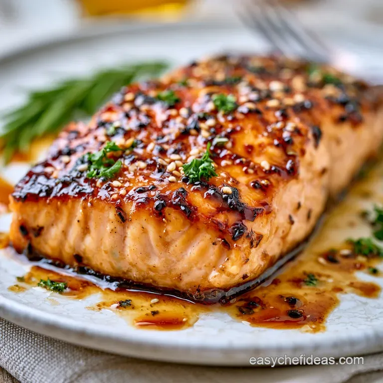 Flaky pink salmon fillet centered on a white ceramic plate with steamed asparagus and a drizzle of glossy sauce.