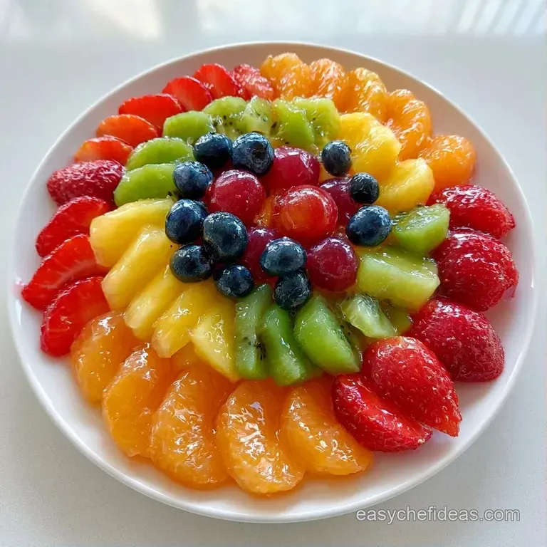 Bright fruit pieces arranged in a spectrum of colors on a white ceramic plate with a fresh mint leaf garnish.