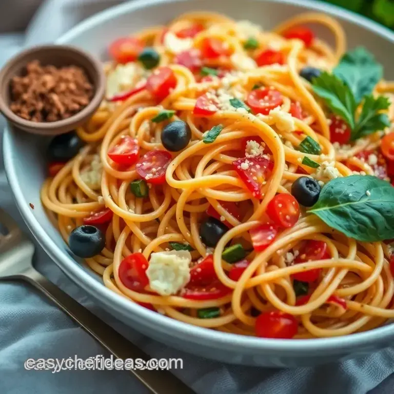 Rainbow Spaghetti Pasta Salad with Tangy Vinaigrette presentation